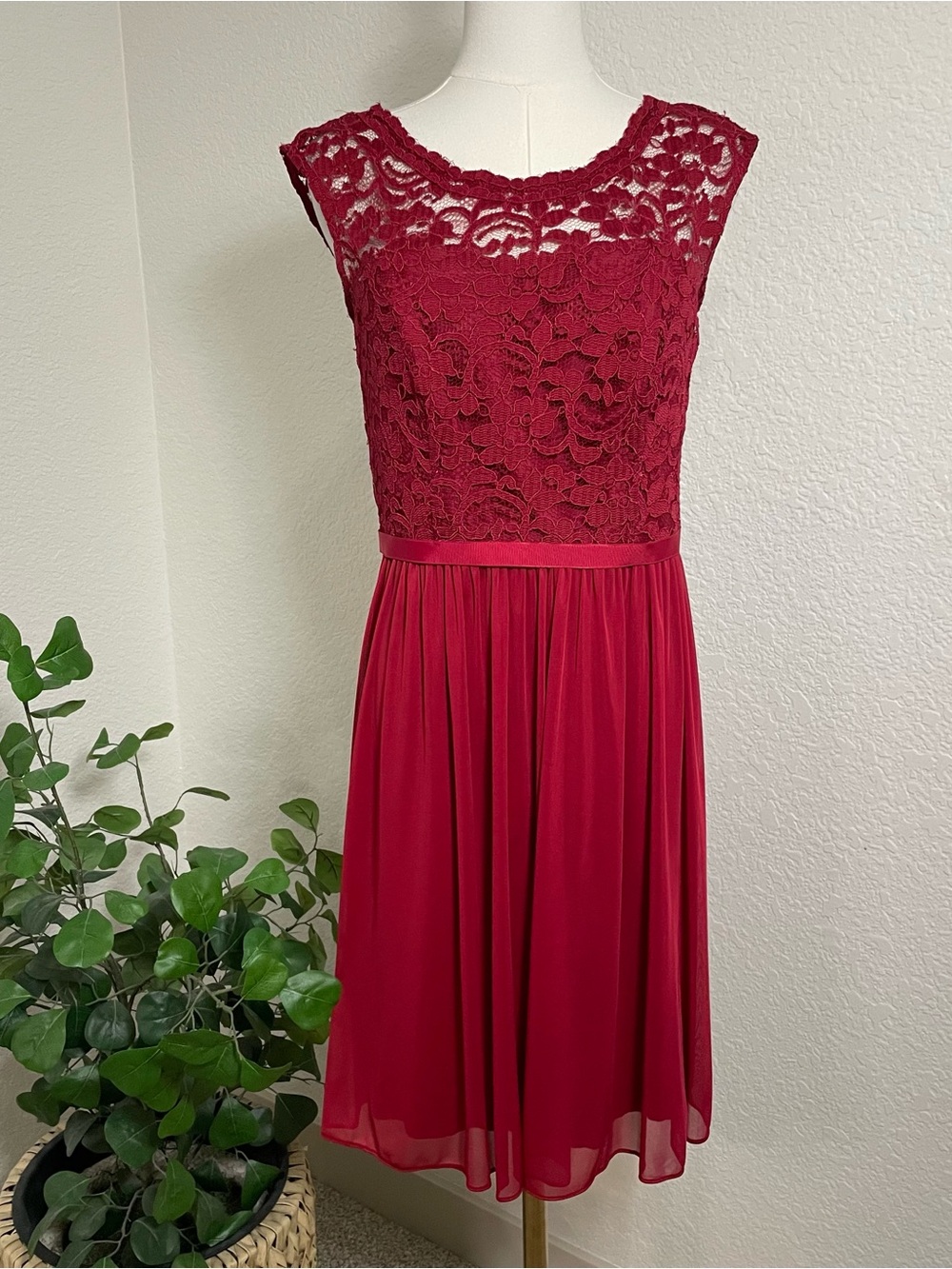 David’s Bridal Lace Chiffon Bridesmaid Dress Size 6 Candy Apple Red Formal